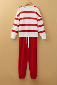 Dear Lover - Women's Striped Drop Shoulder Pullover And Jogger Pants Set