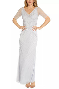 Adrianna Papell - V-neck Short Sleeve Beaded Mesh Dress