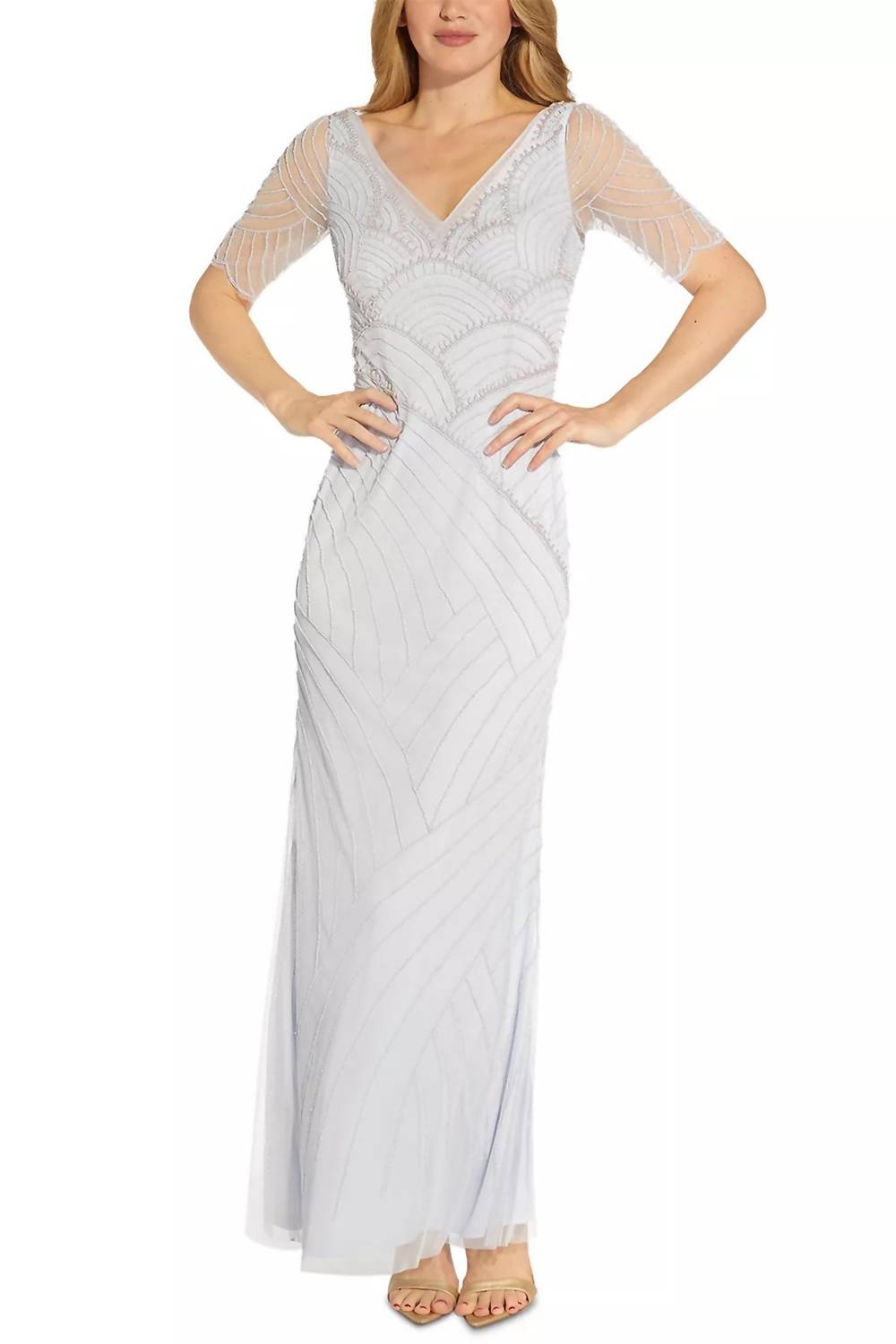 Adrianna Papell - V-neck Short Sleeve Beaded Mesh Dress