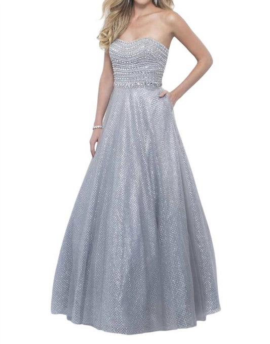 Blush Prom - Bejeweled Metallic Tulle Strapless Gown