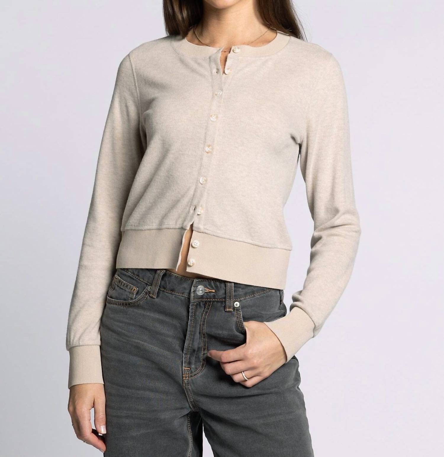 Thread & Supply Monica Cardigan in heather stucco - women's cardigan - detail view