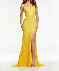 ASHLEYlauren Luscious Lace Gown With Slit in yellow - women's dress