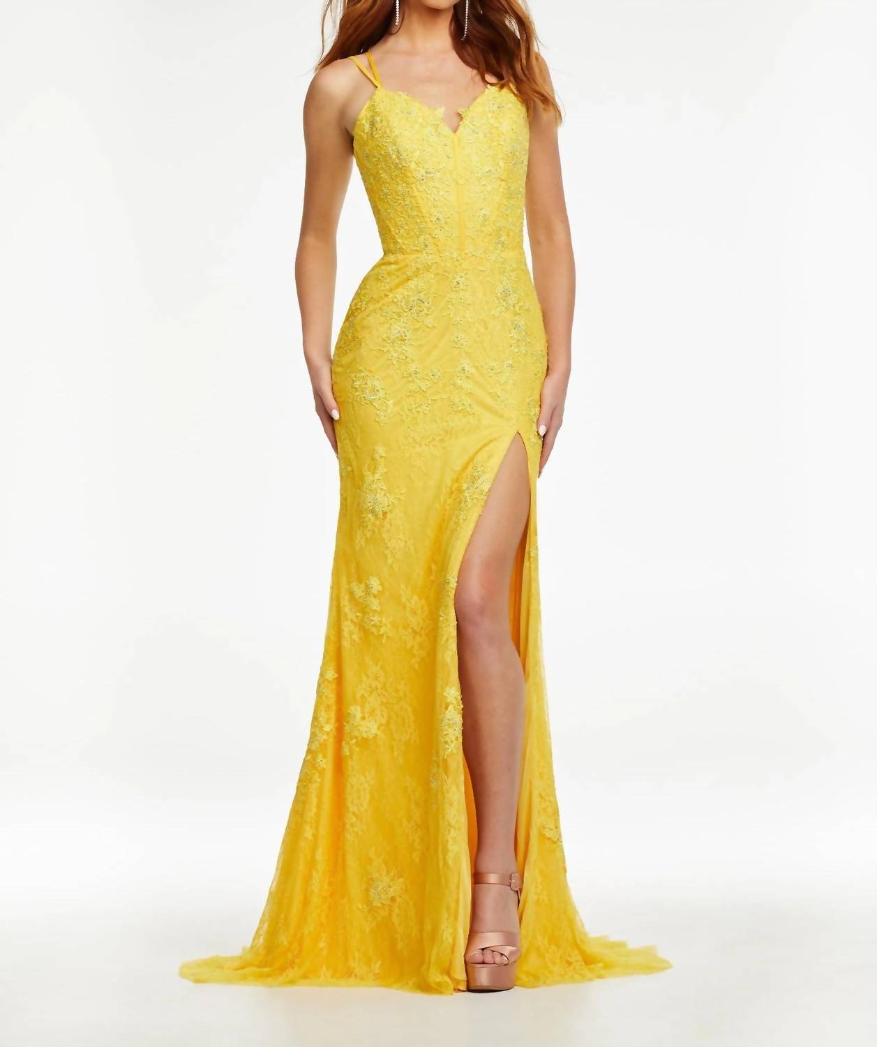 ASHLEYlauren Luscious Lace Gown With Slit in yellow - women's dress
