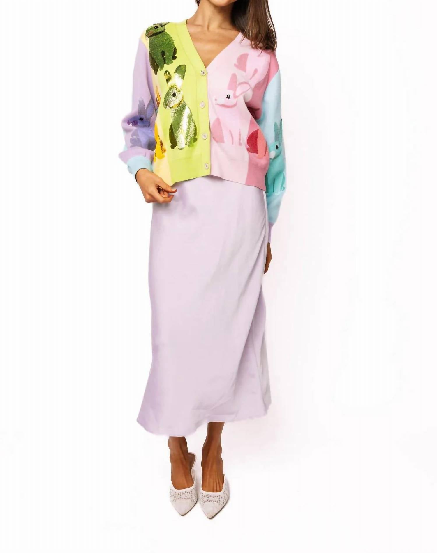 Queen Of Sparkles - Rainbow Colorblock Easter Bunny Button Up Cardigan