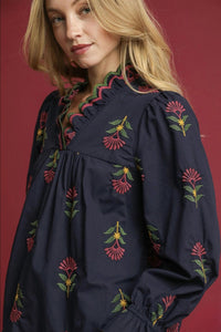 Umgee - Embroidered Floral Ruffle Neck Blouse