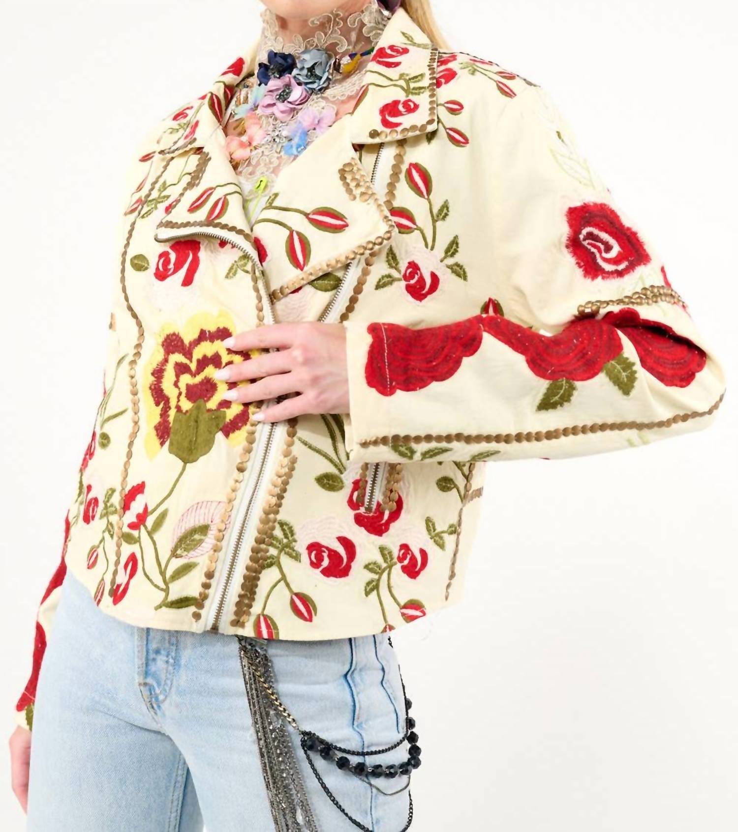 Aratta - Carmen Embroidered Denim Motorcycle Jacket