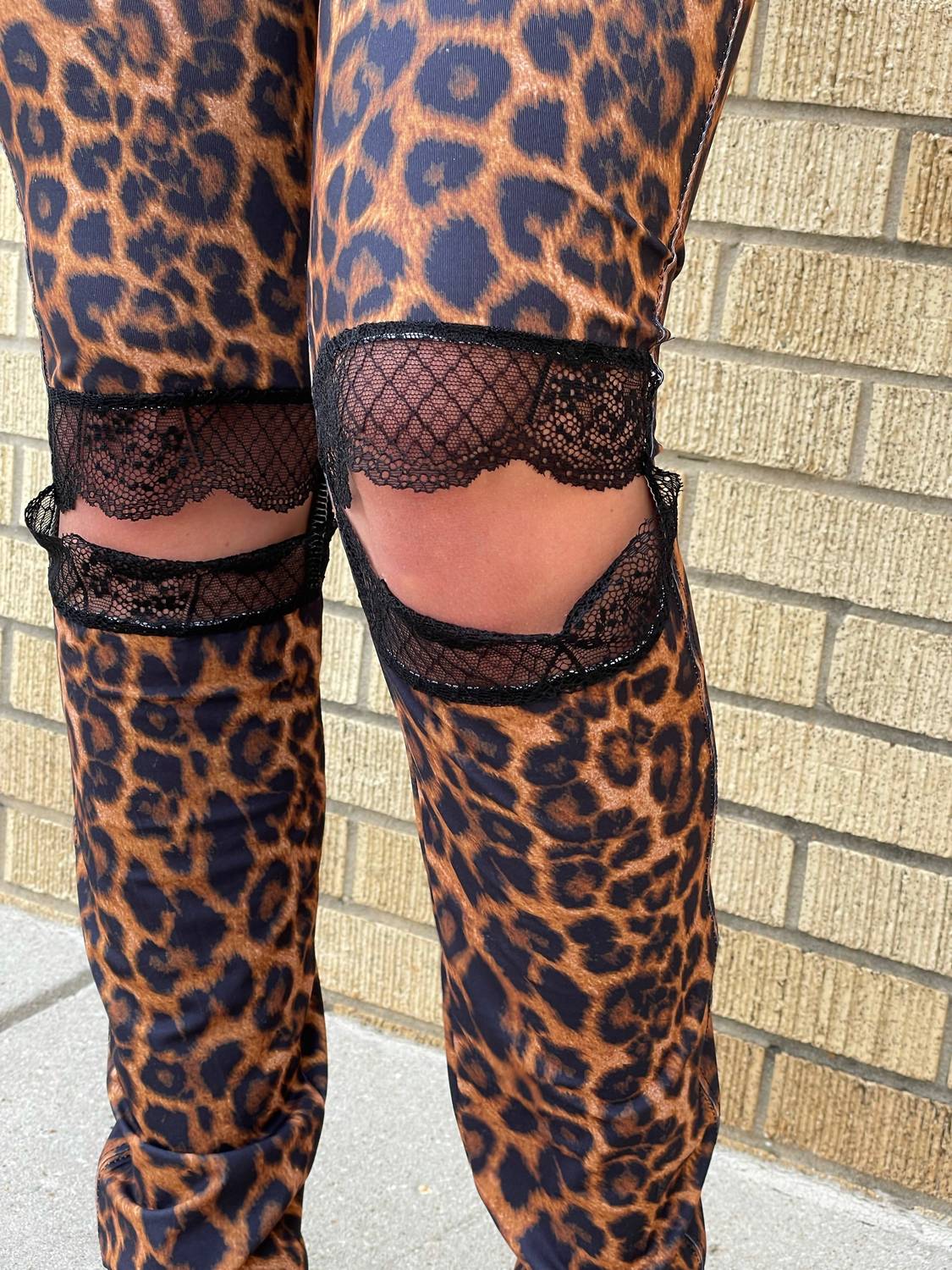 Leopard Leggings w/ Black Lace Knee