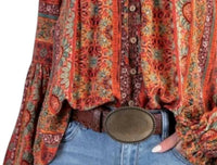 Easel Printed Gauze Button Down Blouse in orange - women's blouse - detail view