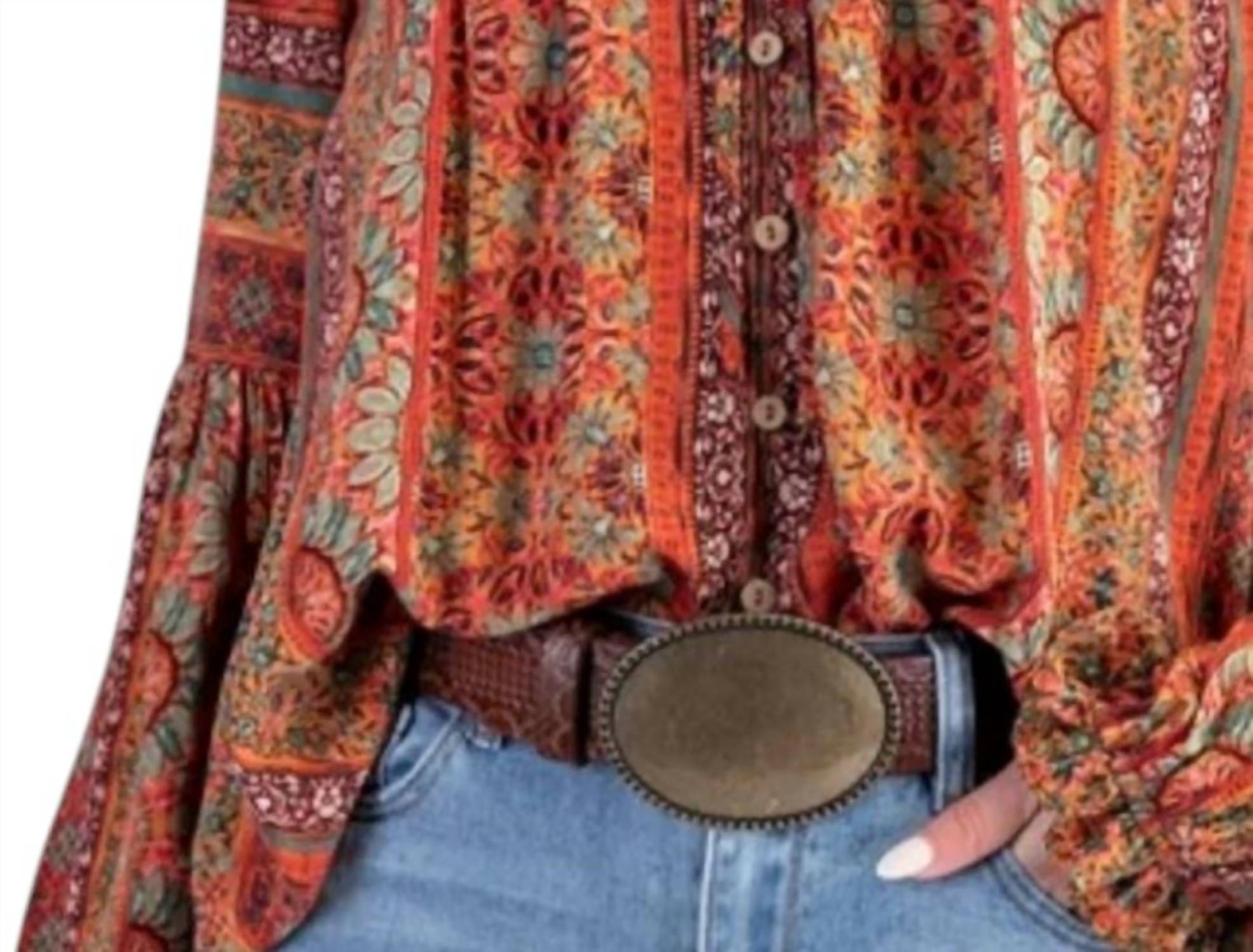 Easel Printed Gauze Button Down Blouse in orange - women's blouse - detail view