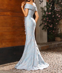 Terani Couture - Glamorous Evening Off-shoulder Floral Applique Jacquard Dress