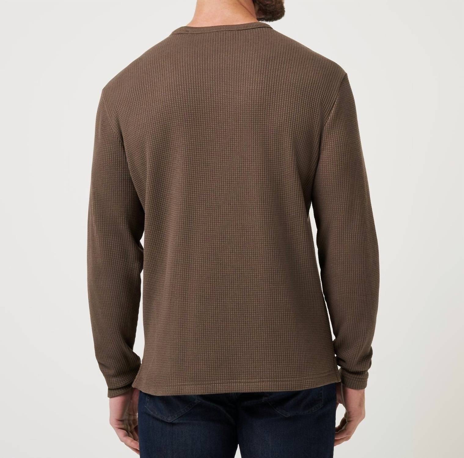 TravisMathew Souvenir Stand Pullover T Shirt in chocolate brown - men's long sleeve top - detail view