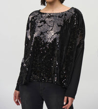 Joseph Ribkoff Sequin Velvet Boxy Top in black - women's long sleeve top - detail view