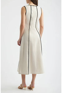 Zoe And Claire - Contrast Piping Square Neck Button-up Midi Dress