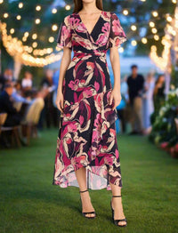Maggy London - Flutter Sleeve High-low Midi Dress