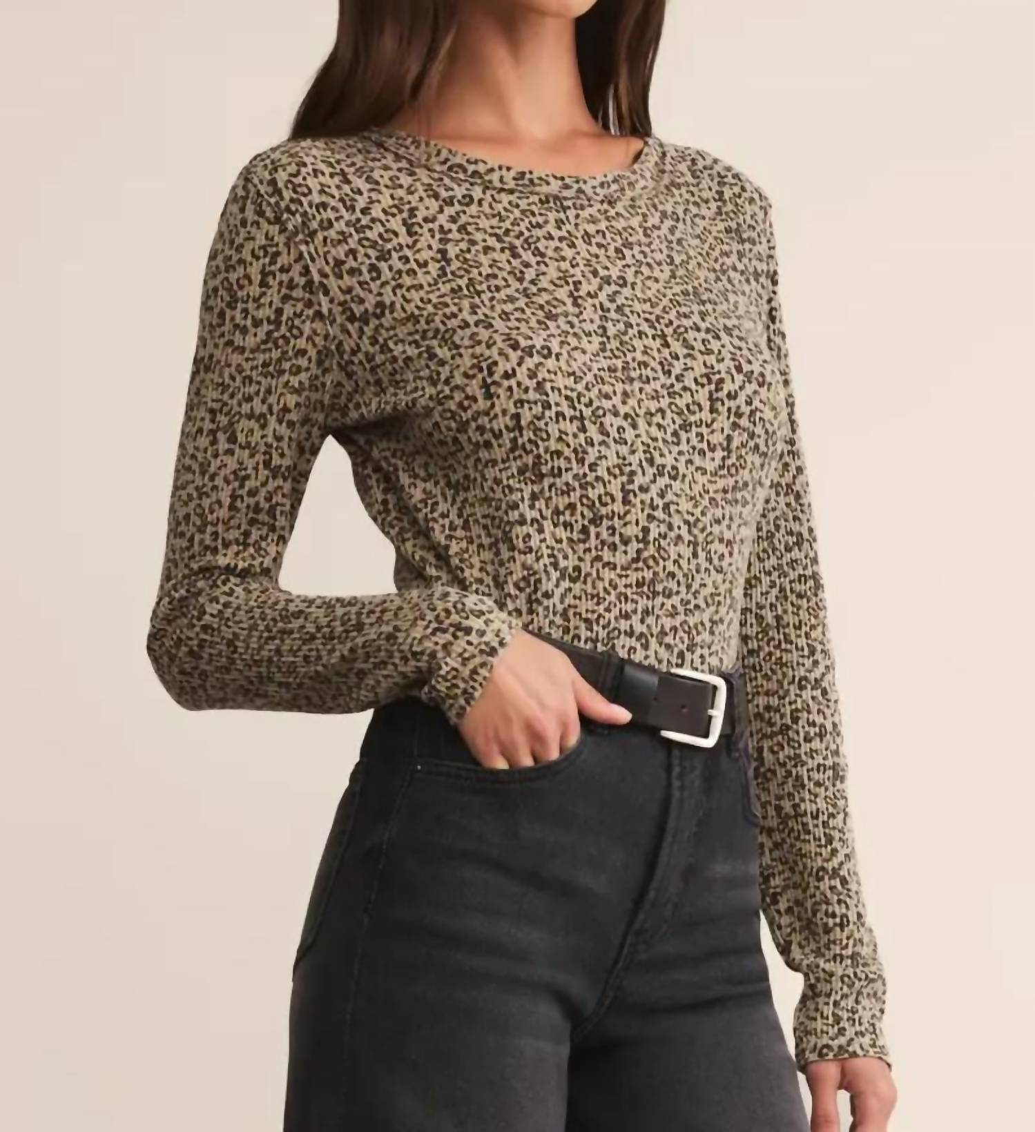 Z Supply Thermal Long Sleeve Top in arlet animal print - women's long sleeve top - detail view