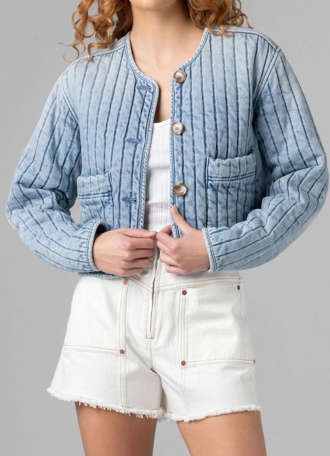 Blanknyc - Collarless Quilted Denim Jacket
