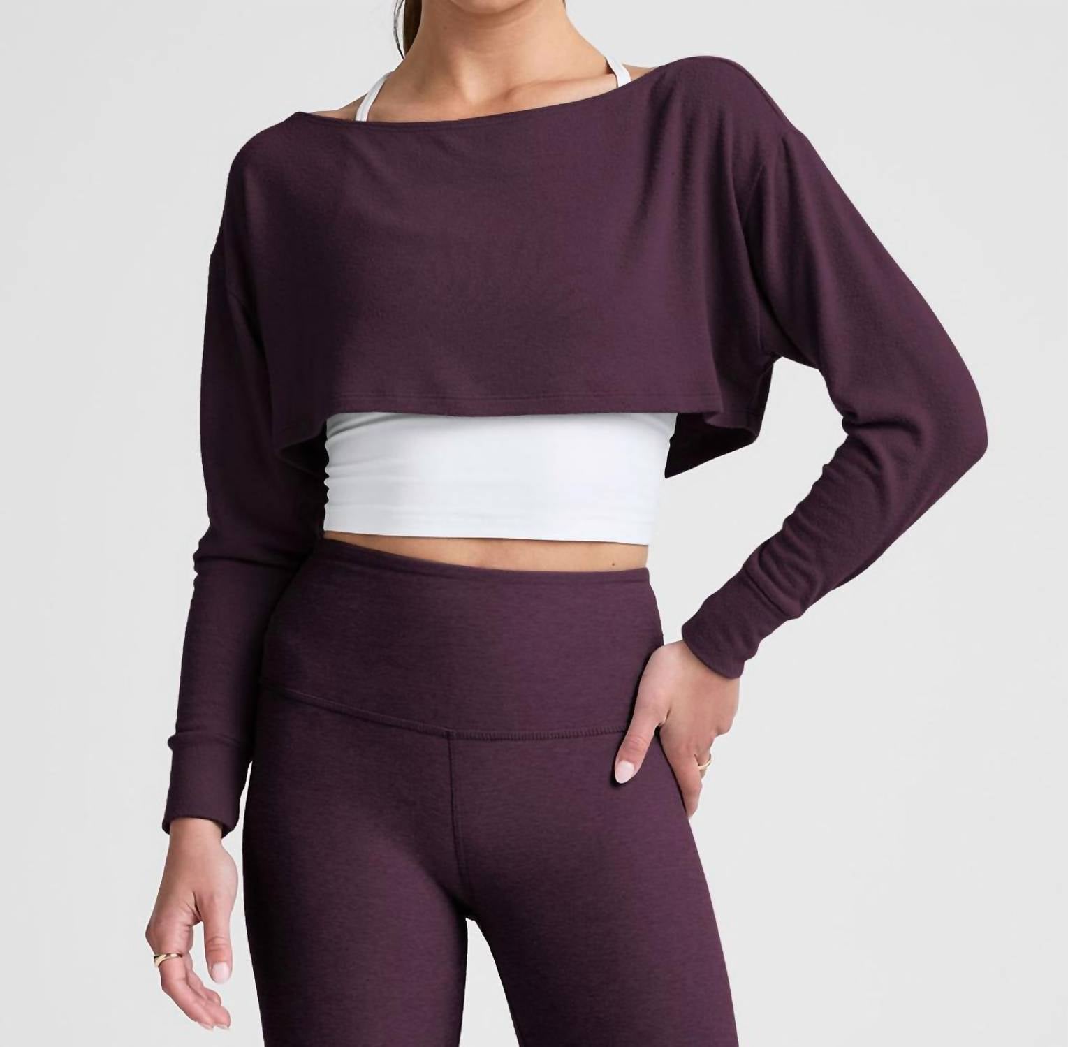 BEYOND YOGA Duet 2-way Convertible Shrug in eggplant purple - women's sweater