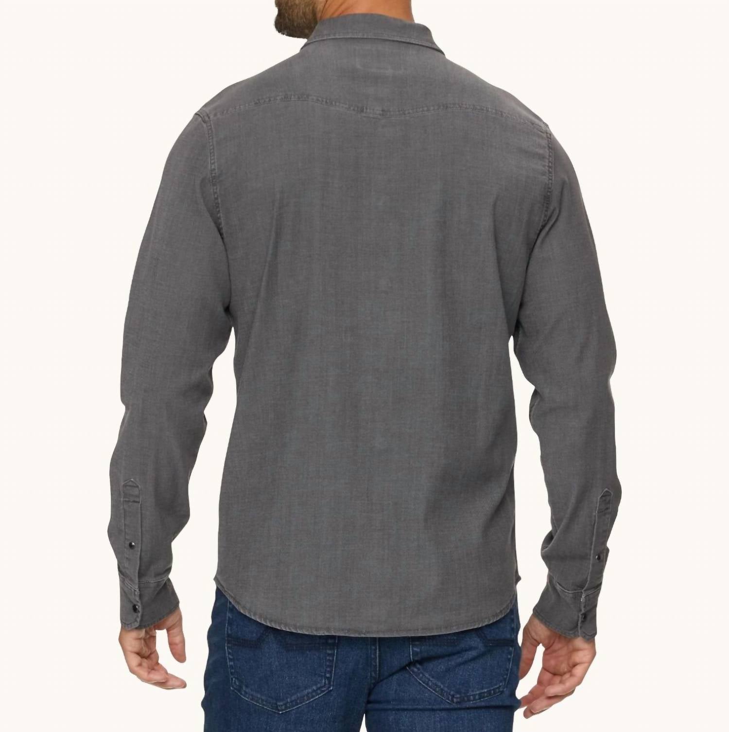 Flags & Anthem Sacramento Long Sleeve Chambray Stretch Shirt in grey - men's shirt - detail view