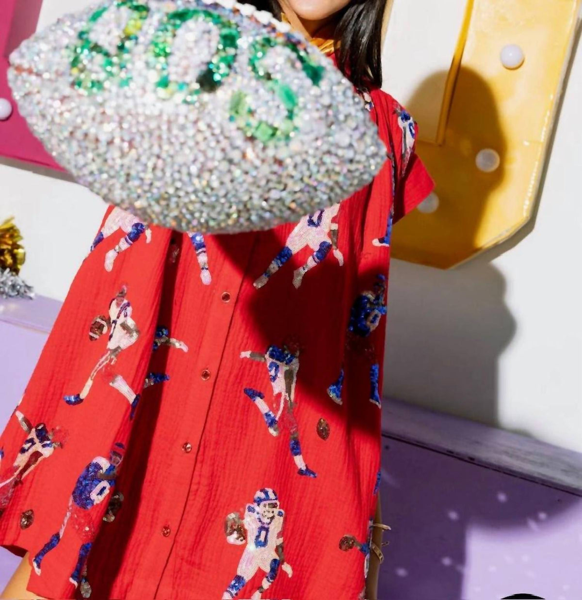 QUEEN OF SPARKLES Football Player Gauze Dress in powder blue red - women's dress - detail view