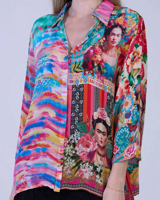 Shana Apparel - Frida Mix Media Button Down Classic Blouse - Plus