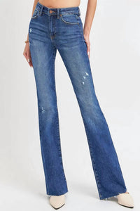 RISEN Kourtney Flare Leg Distressed Jeans in blue - women's jeans - detail view