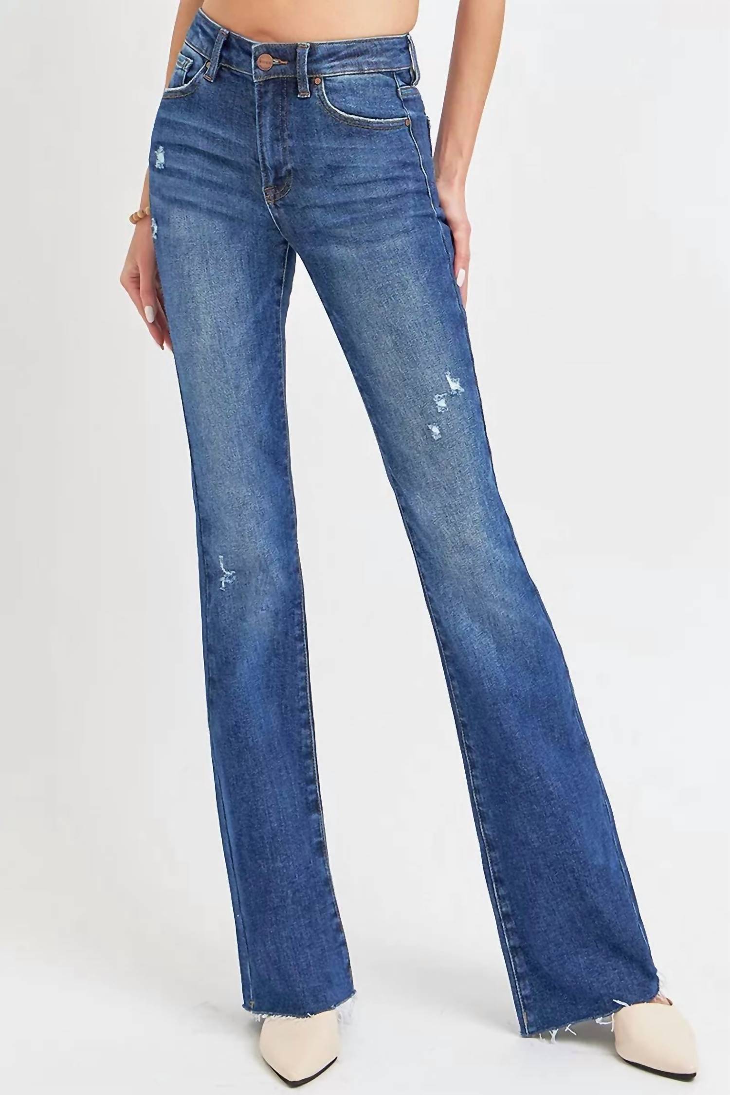 RISEN Kourtney Flare Leg Distressed Jeans in blue - women's jeans - detail view