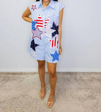 Queen Of Sparkles - Usa Stripe Patch Stars Romper
