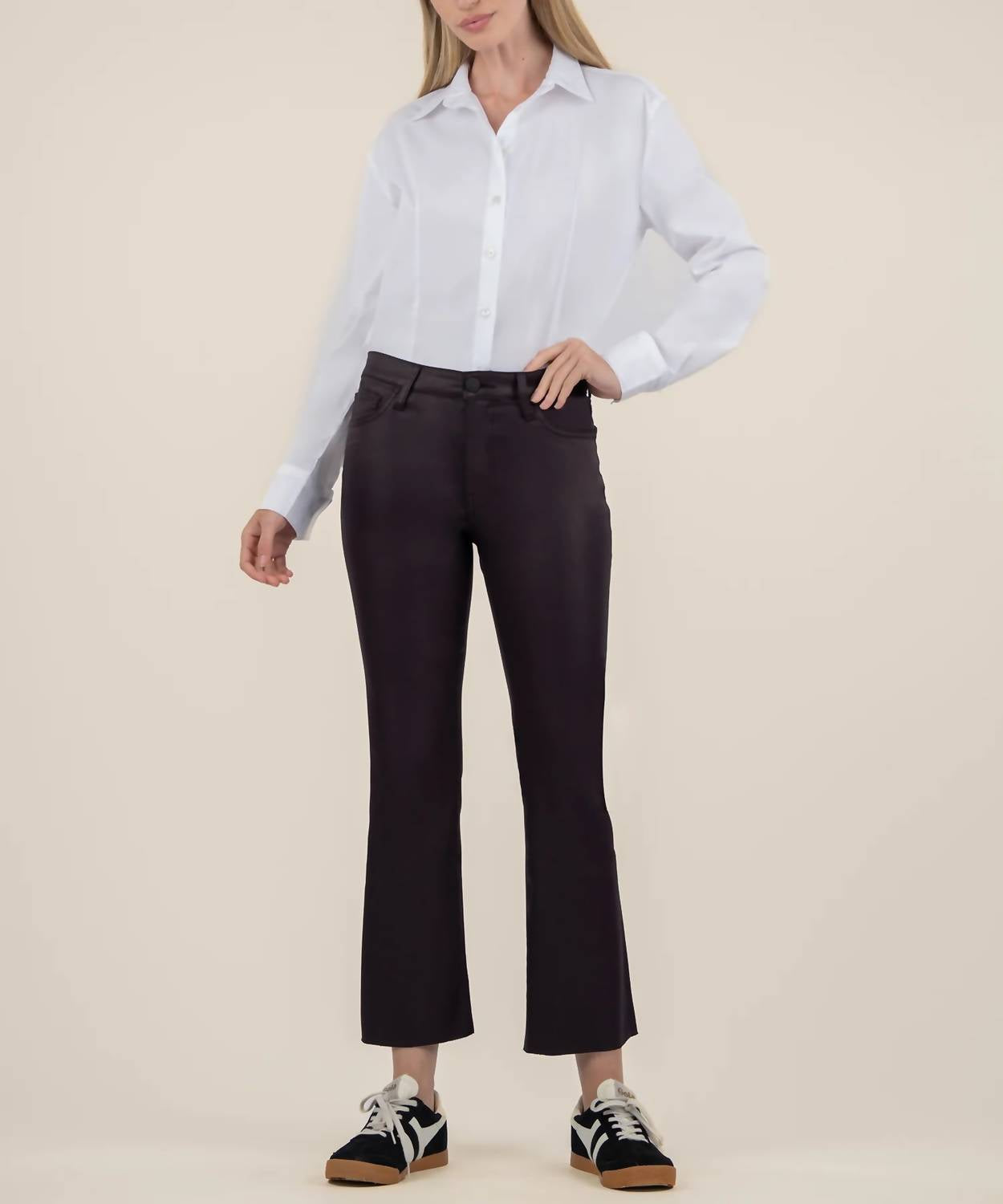 KUT FROM THE KLOTH Kelsey High Rise Raw Hem Ankle Flare Jeans in sangria - women's jeans
