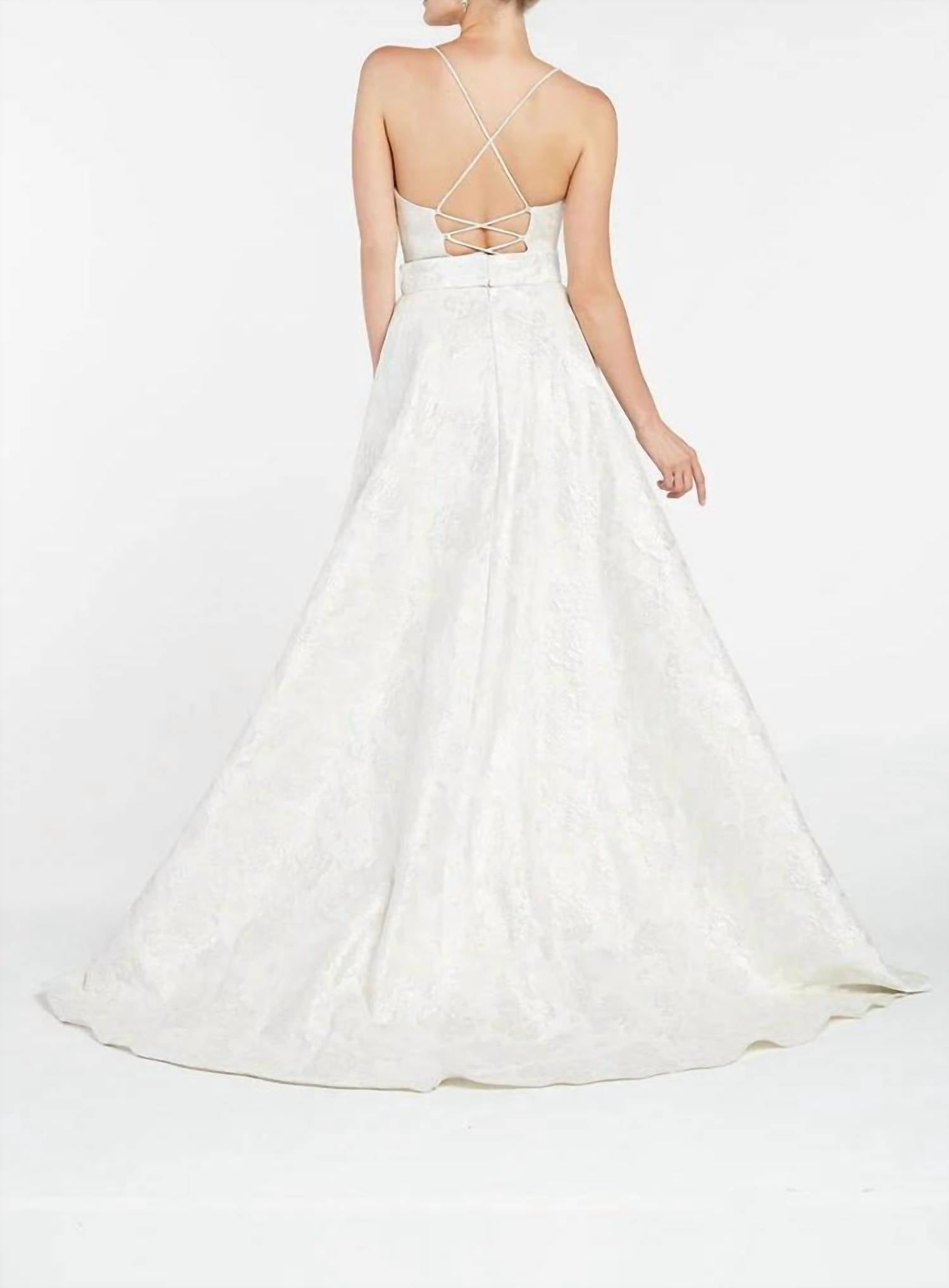 ALYCE PARIS Jacquard V Neck Slit Gown in ivory - women's dress - detail view