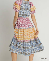 Umgee - Mixed Aztec Print With Tassel Front Tie & Ruffle Sleeves Midi Dress