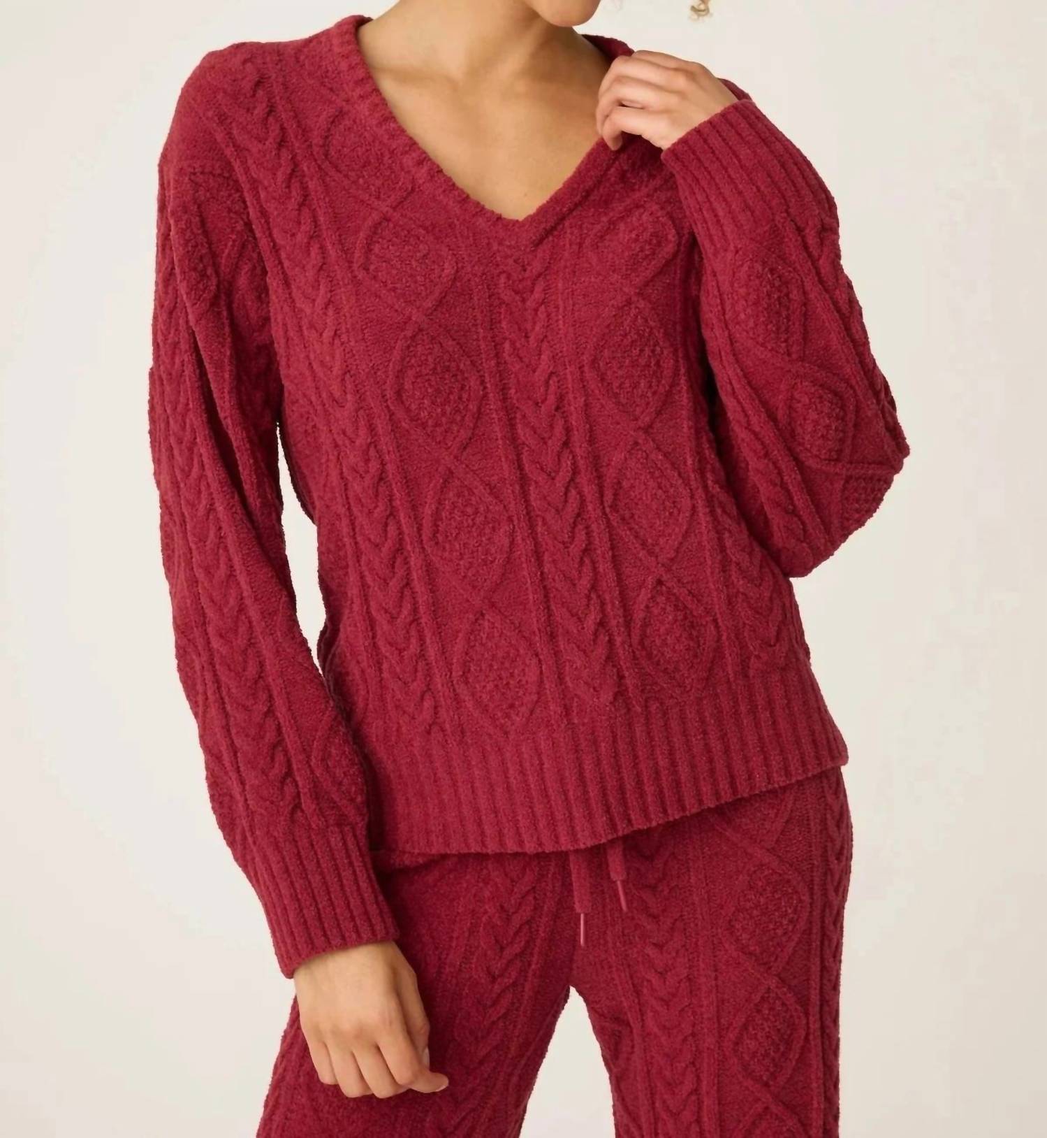 PJ Salvage Cozy Chenille Cable Knit Top in port - women's sweater
