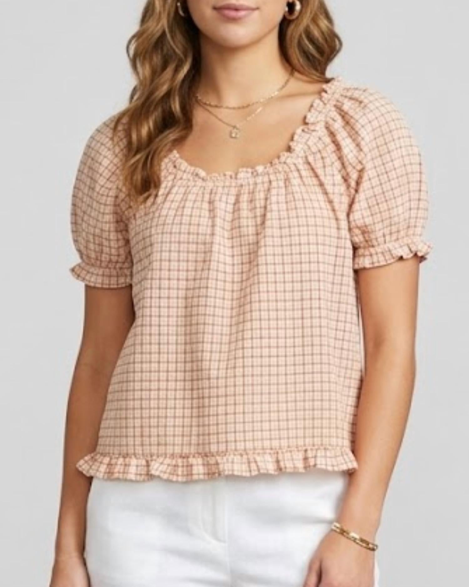 Things Between - Button Front Checkered Puff Sleeve Blouse