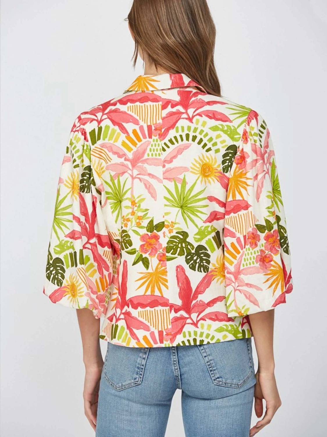 Fate - Tropical Print Cropped Linen Blend Blazer