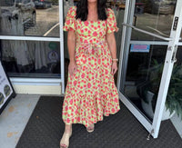 Peach Love - Floral Tiered Scalloped Belt Maxi Dress