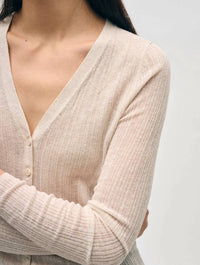 White + Warren Rib V-neck Cardigan in beige - women's sweater - alternate view