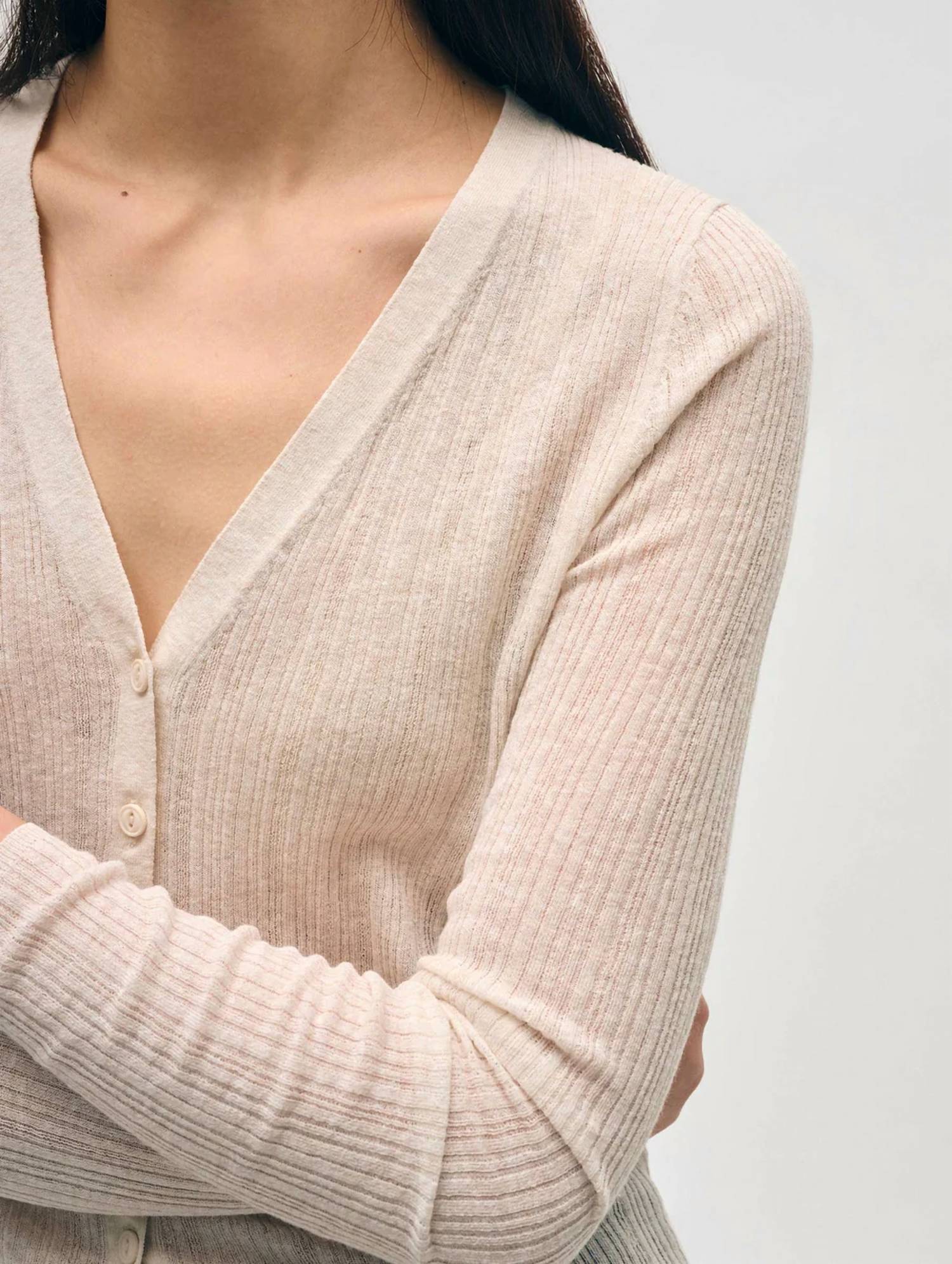 White + Warren Rib V-neck Cardigan in beige - women's sweater - alternate view