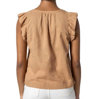 Lilla P Women's Flutter Sleeve Split Neck Top in beechwood - women's tank top - detail view