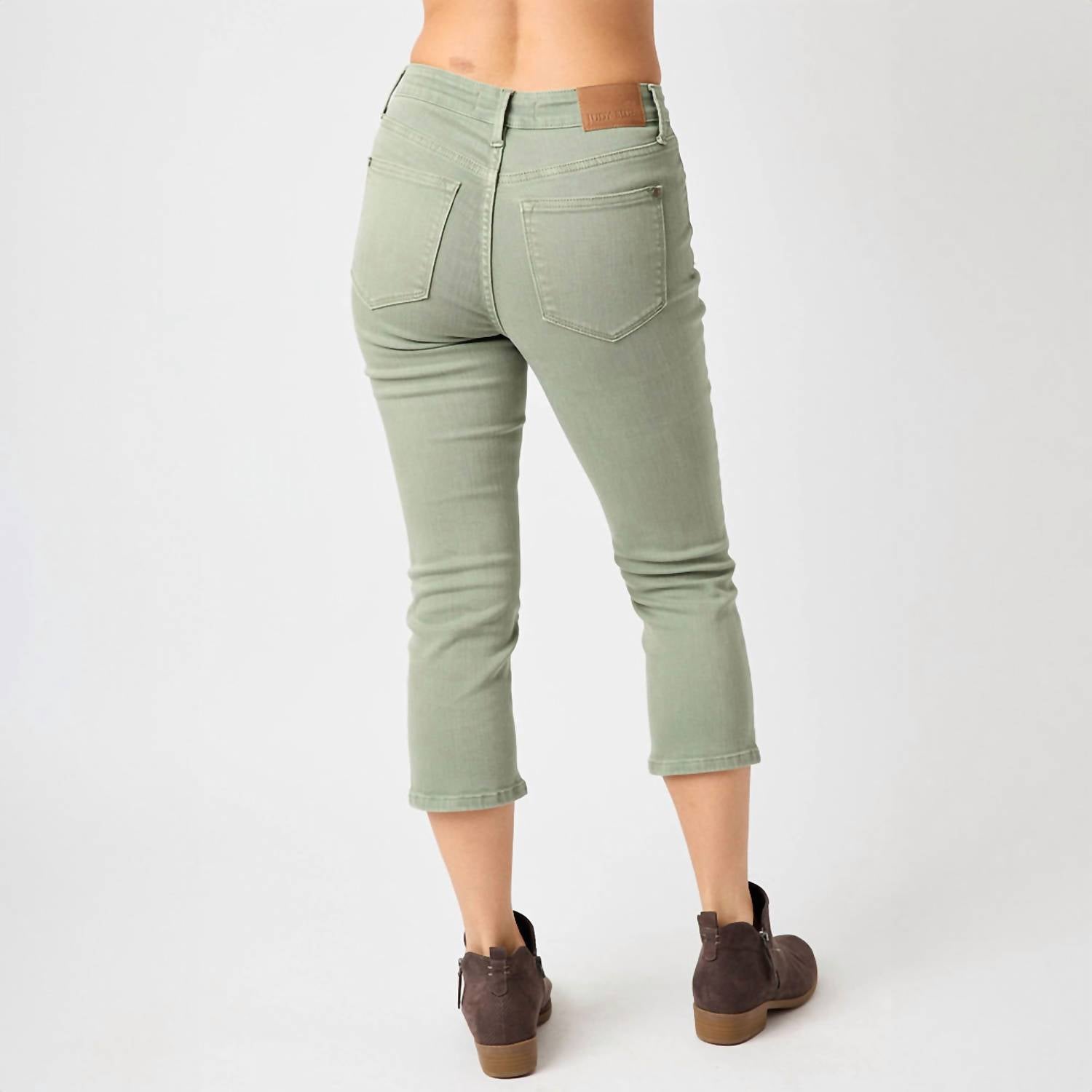 Judy Blue Mid-rise Garment Dyed Capri Pants in sage green - women's pants - detail view