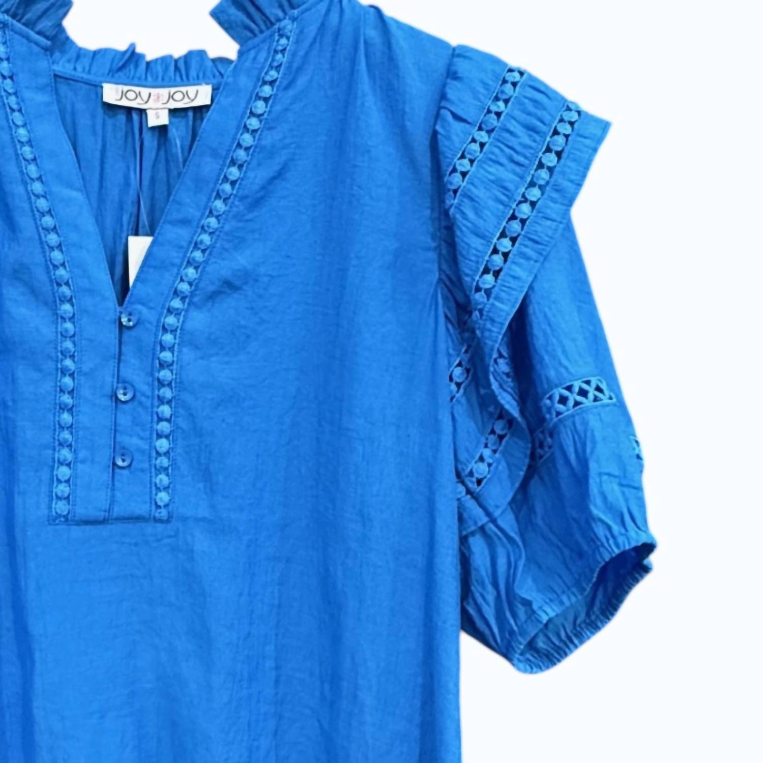 Joy Joy Women's Lace Trim Ruffles Top in blue - women's blouse - detail view