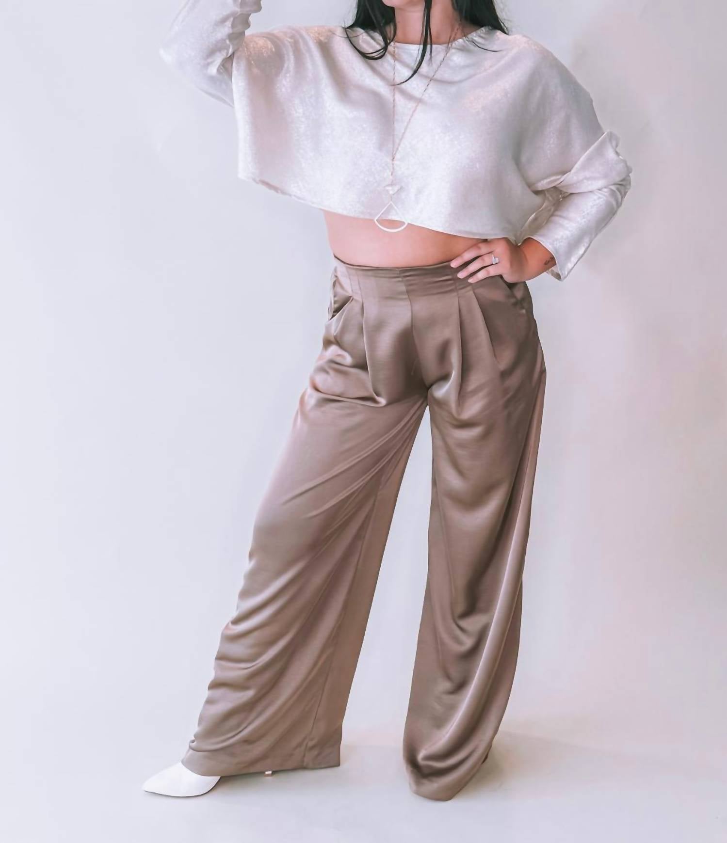 GLAM Pleated High-Waisted Wide Pant in mocha - women's pants