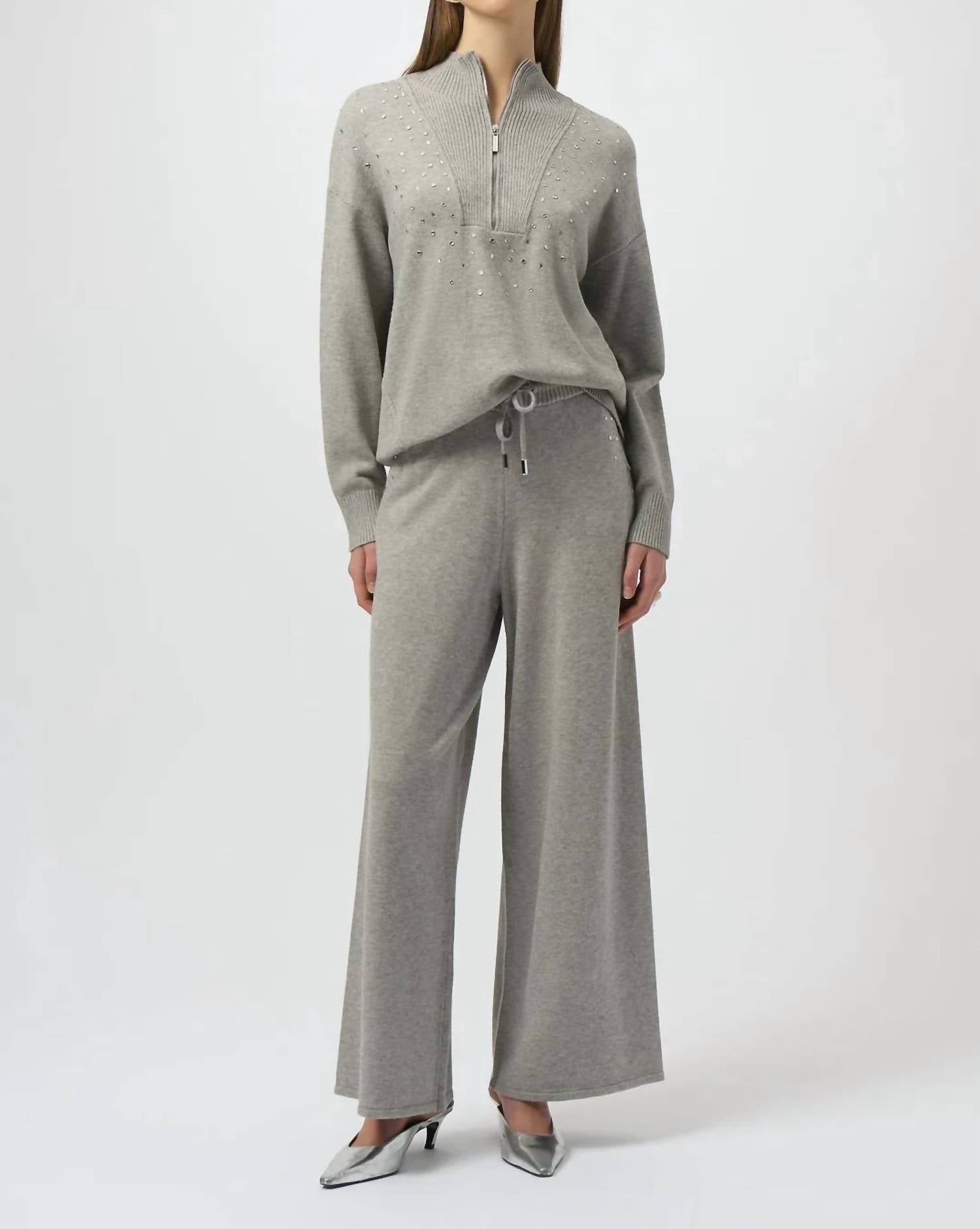 Joseph Ribkoff - Embellished Zipped Mock Neck Pullover Sweater