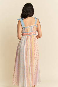 Davi & Dani - Denim Contrast Ruffle Trim Striped Midi Dress