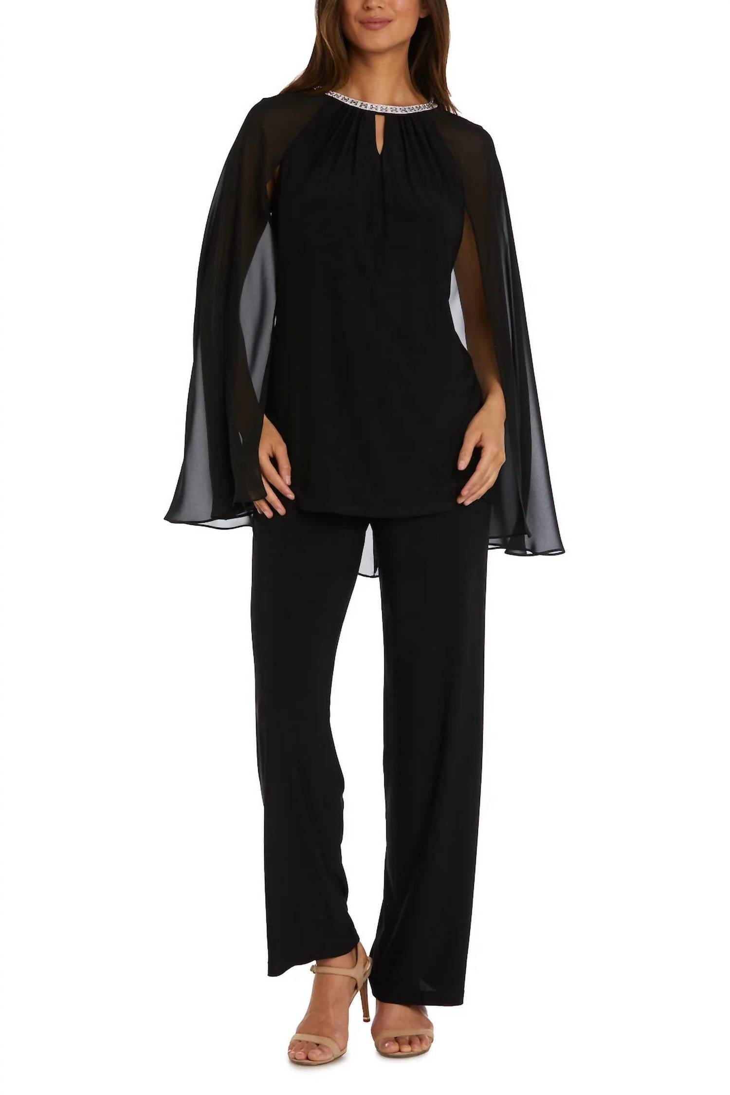 R&M Richards - Rhinestone Neck Capelet Tunic Pant Set Jumpsuit