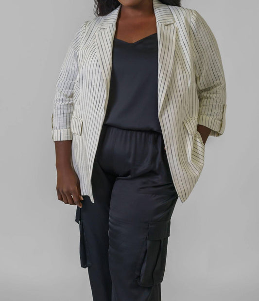 Skies Are Blue - Linen Pinstripe Cuffed Blazer - Plus Size