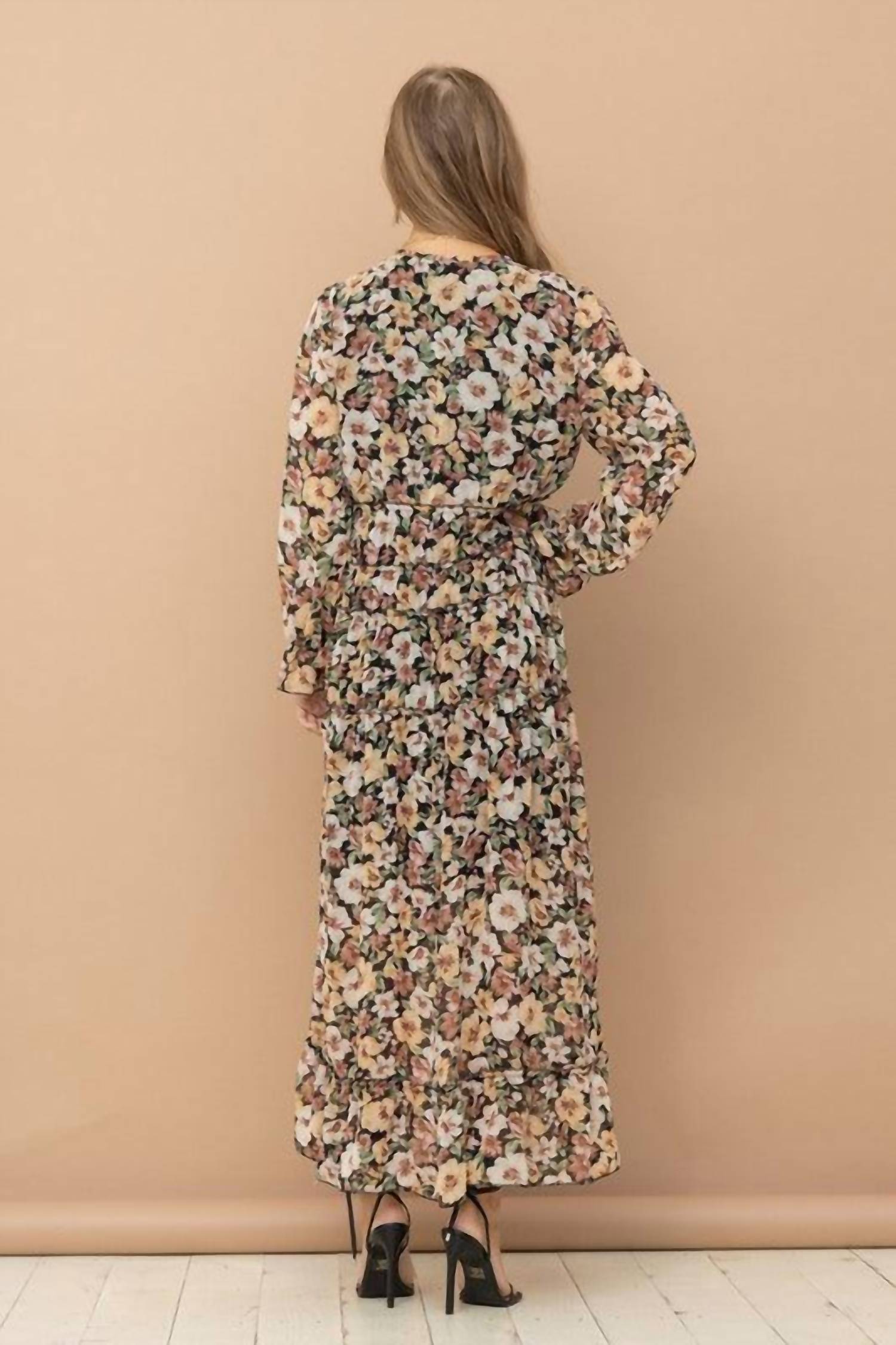 Blue B Floral Print Chiffon Tiered Maxi Dress in black floral - women's dress - alternate view