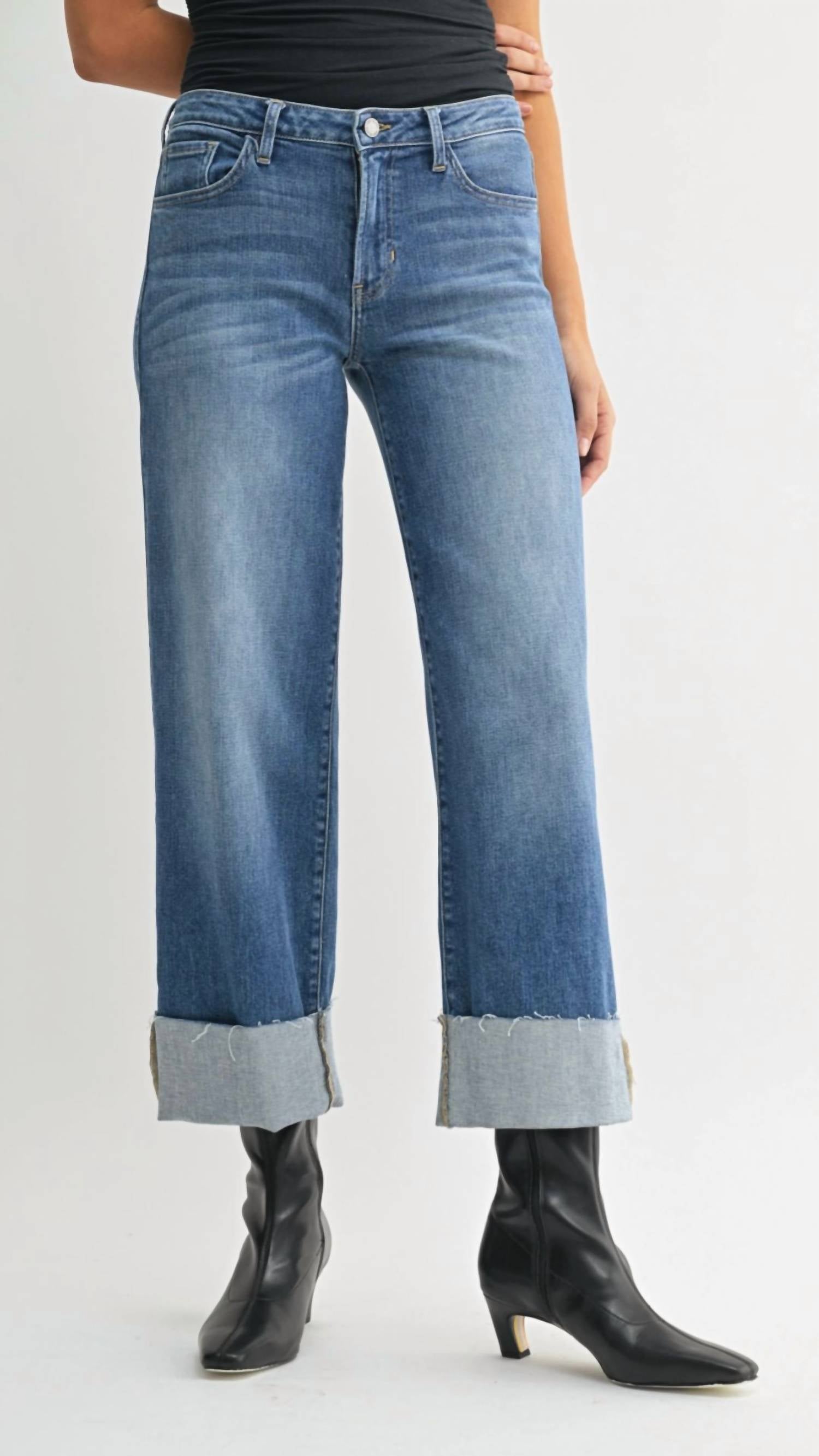 Just Black Denim - Mid Rise Scissor Cut Cuffed Slim Wide Leg Jeans