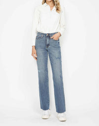 Judy Blue - Women's Tummy Control Straight Raw Hem Jeans
