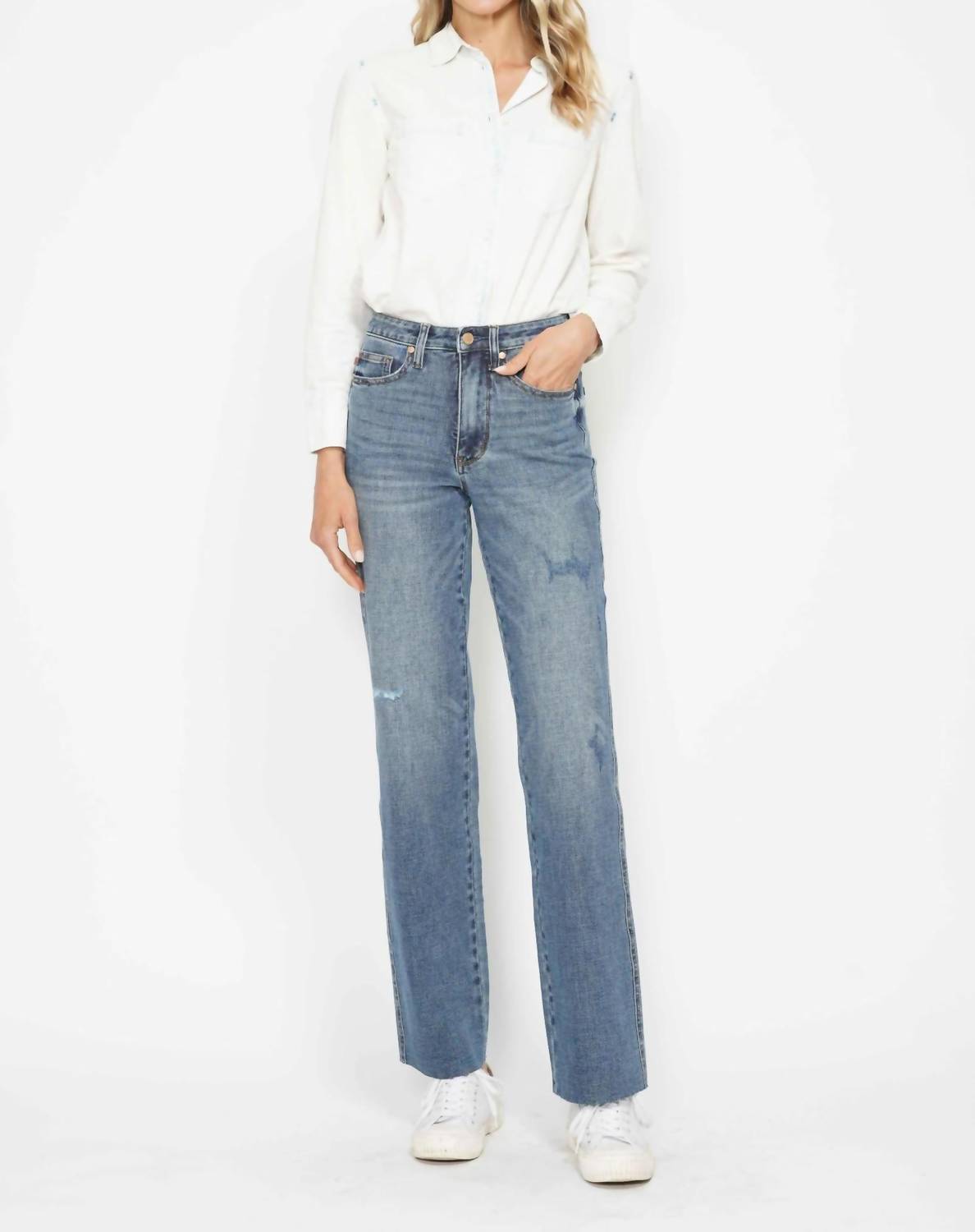 Judy Blue - Women's Tummy Control Straight Raw Hem Jeans