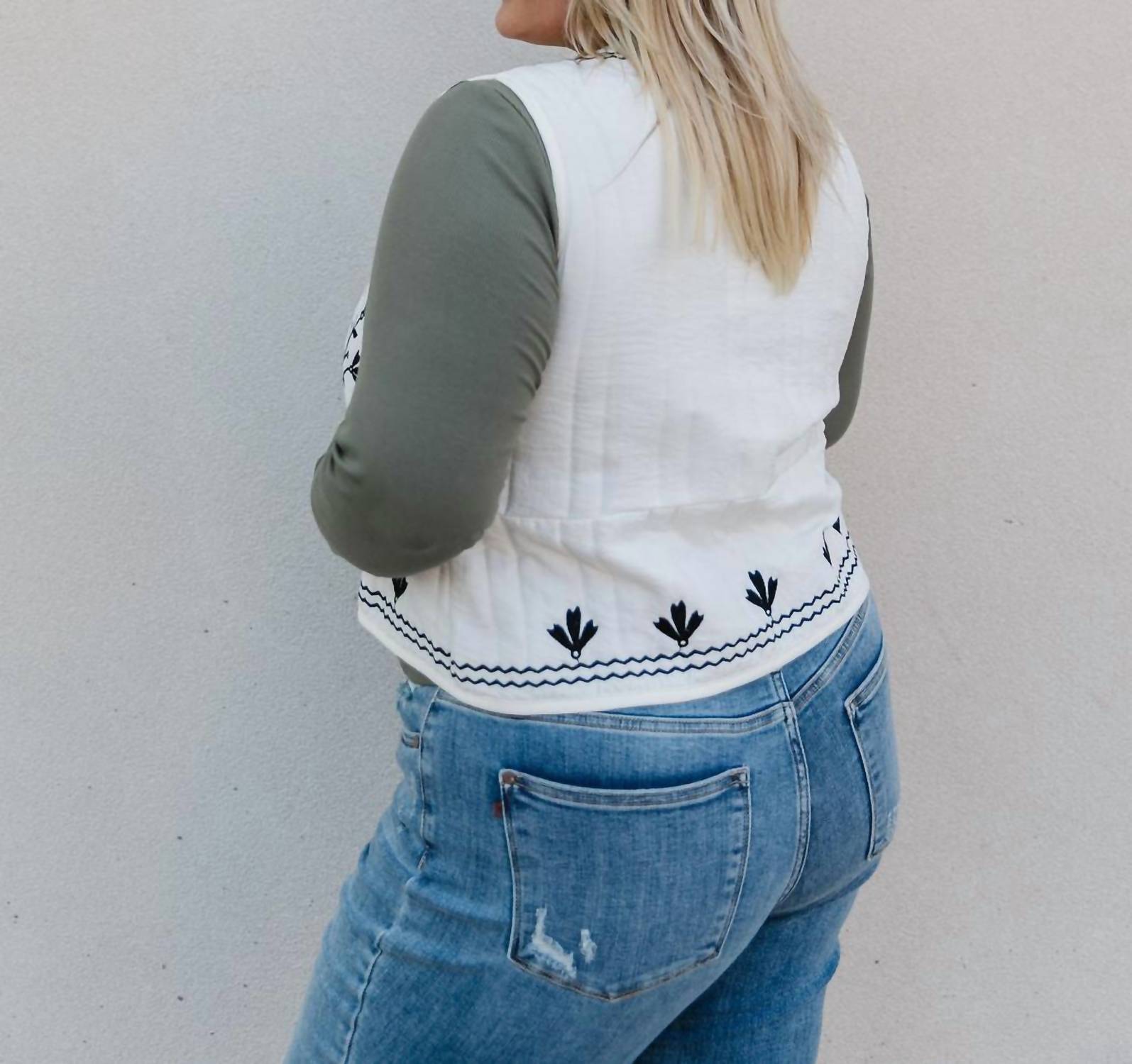 Polagram Laityn Embroidered Vest in cream - women's jacket - detail view