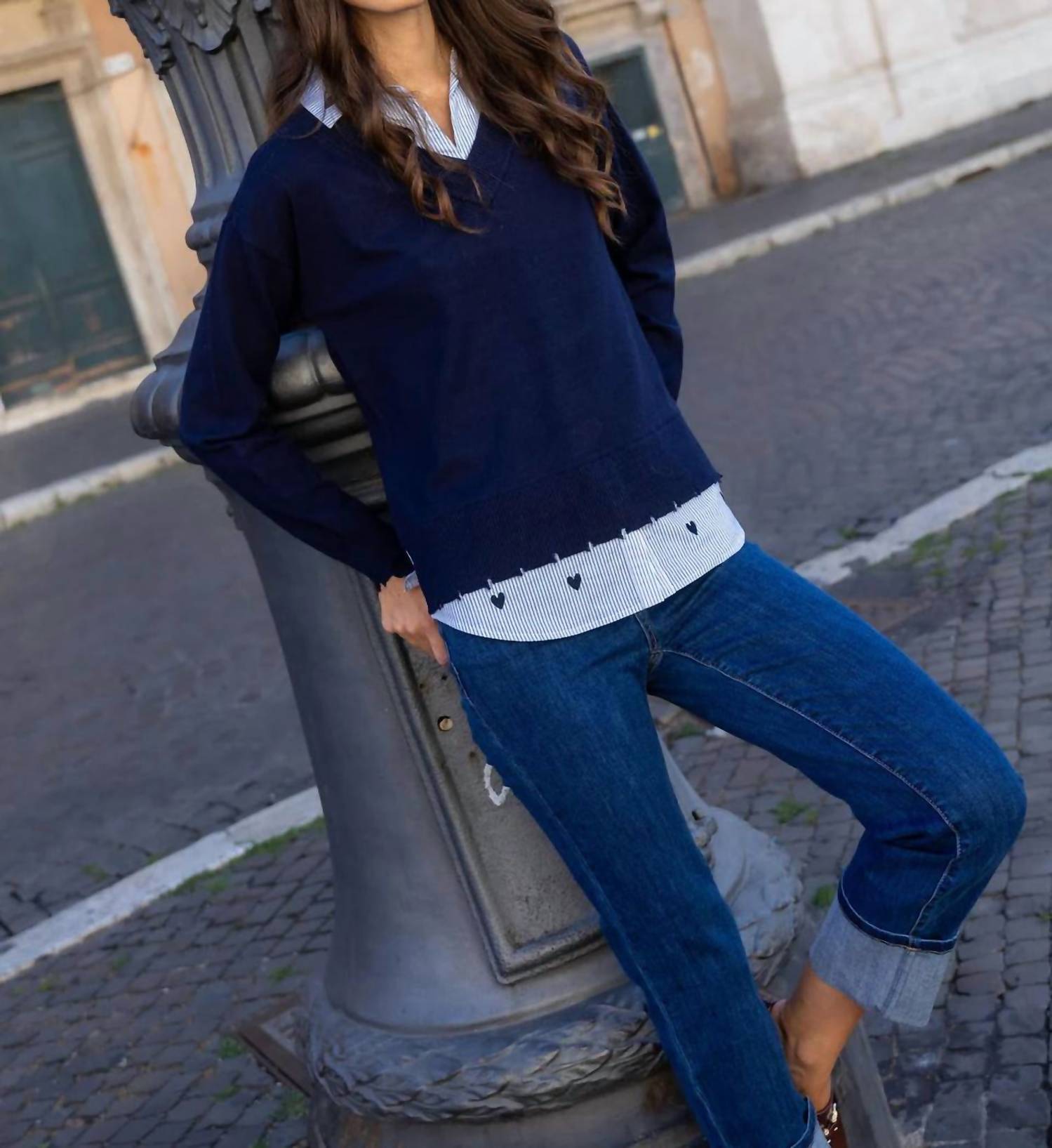 CHARLIE B Margaret Layered Poplin Sweater in navy - women's sweater - view 4